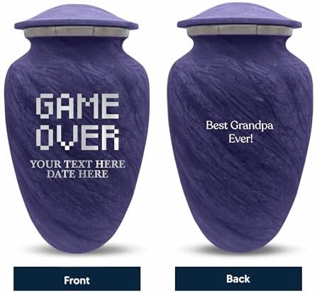 Custom Large Cremation Urn for Ashes - Personalized with Name Game Over Pixel Design 200 Cubic Inch Purple