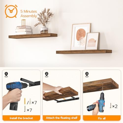 HOOBRO Floating Shelves Wall Mount Set of 2 315 Inch Rustic Brown