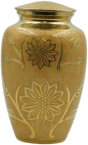Eternity Cream and Gold Brass Vase Urn with Engraved Gold Leaf Sprigs