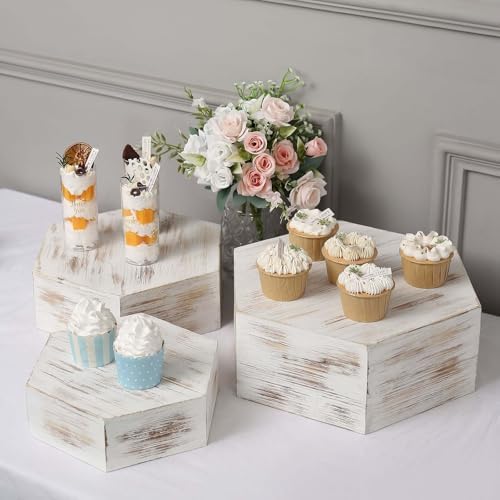 Tableclothsfactory Set of 3 Whitewashed Hexagonal Wooden Dessert Holder Display Boxes Stackable Riser Cake Stand