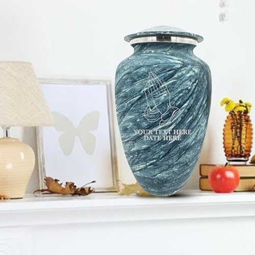 Custom Large Adult Cremation Urn with Name and Praying Hands Design - 200 Cubic Inch Blue Urn
