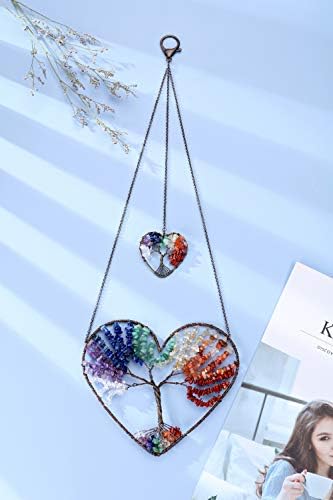 JOVIVI Double Heart Tree of Life Hanging Ornament with 7 Chakra Healing Crystals