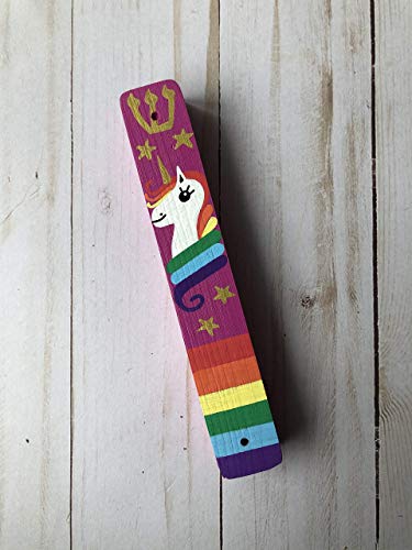 Lea Joelle Unicorn Mezuzah with Rainbow and Stars - Handmade Scroll Case Dark Pink