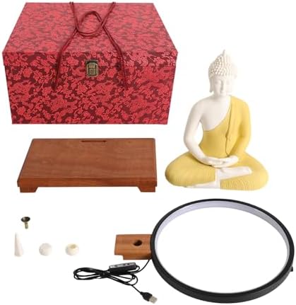 Shakyamuni Buddha Statue with LED Halo and Wooden Base
