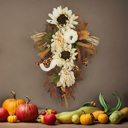 Artificial Fall Teardrop Swag Wreath for Front Door 1