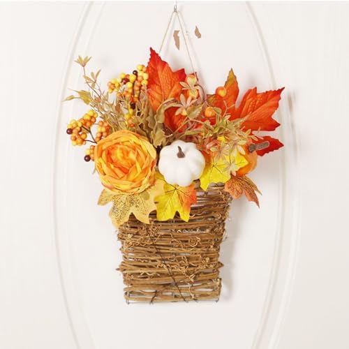 Autumn Peony Pumpkin Wall Hanging Basket for Fall Decor