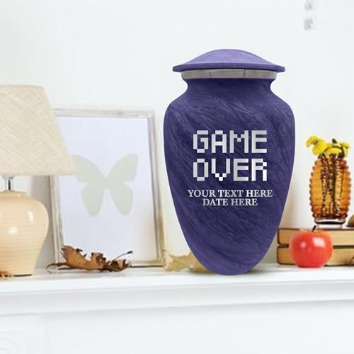 Custom Large Cremation Urn for Ashes - Personalized with Name Game Over Pixel Design 200 Cubic Inch Purple