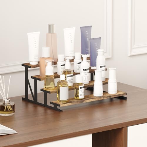 Lifewit 4-Tier Wooden Display Riser with Metal Stand Rustic Brown