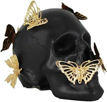 Black Skull Statue with Gold Butterfly Halloween Decor Collectible Figurine