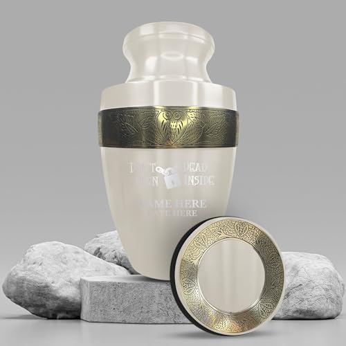 Personalized Adult Cremation Urn with Custom Engraving Elite Funny TV Movie Series 200 Lbs Capacity White with Gold Rim