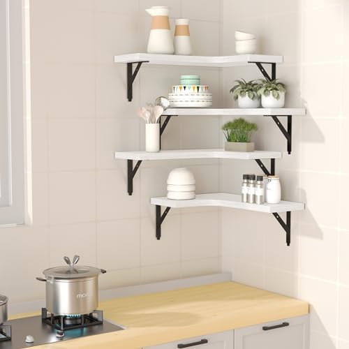 Corner Floating Shelves Set of 4 White Rustic Wood Storage Display Wall Shelves