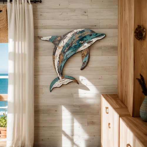 GENHAOTHREE Coastal Sea Turtle Dolphin Wall Art Set - Handcrafted Wooden Ocean Decor for Bathroom Pool Garden and Patio