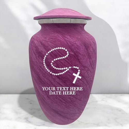 Custom Large Cremation Urn for Ashes - Personalized with Name and Rosary Design Pink