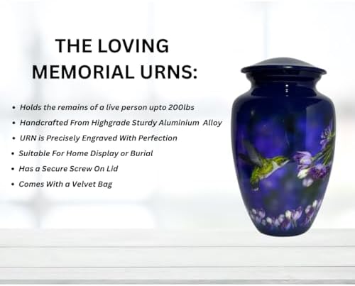 Beautiful Cremation Urns for Adult Human Ashes - Handcrafted Decorative Urn with Hummingbird Design - Blue - Large