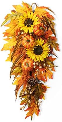 Glitzhome 26 Inch Autumn Sunflower Pumpkin Leaf Swag