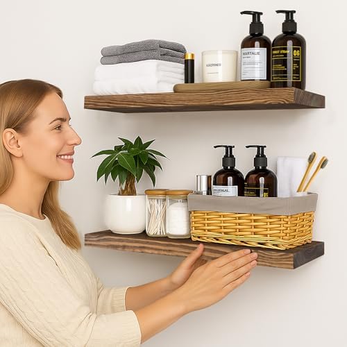 BGMG 24 Inch Floating Shelf Set of 2 Walnut Rustic Wall Shelves for Home Use