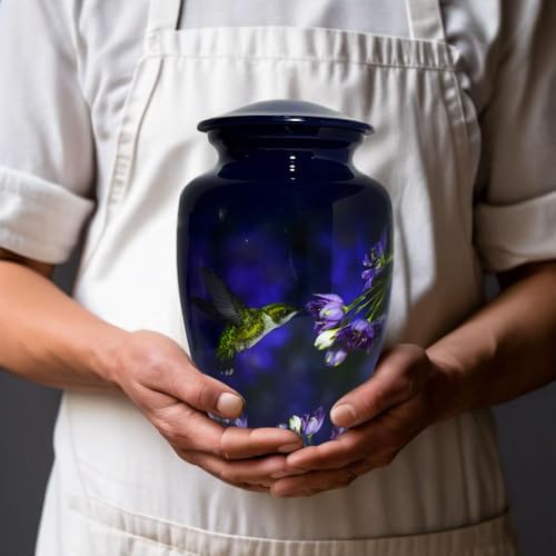 Beautiful Cremation Urns for Adult Human Ashes - Handcrafted Decorative Urn with Hummingbird Design - Blue - Large