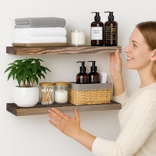 BGMG 24 Inch Floating Shelf Set of 2 Walnut Rustic Wall Shelves for Home Use