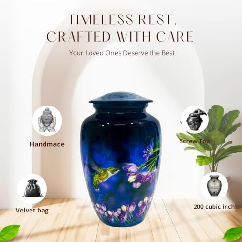 Beautiful Cremation Urns for Adult Human Ashes - Handcrafted Decorative Urn with Hummingbird Design - Blue - Large