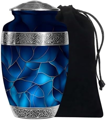 Blue Urn for Human Ashes - Extra Large Cremation Urn with Velvet Bag