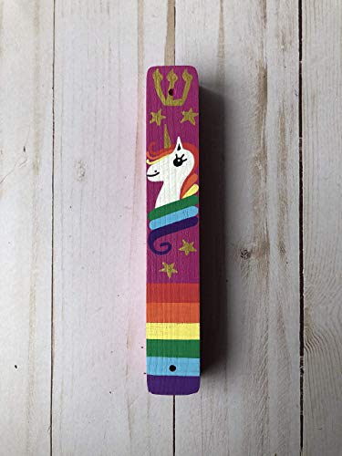 Lea Joelle Unicorn Mezuzah with Rainbow and Stars - Handmade Scroll Case Dark Pink