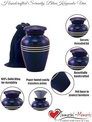 Immortal Memories Serenity Mini Urn for Ashes - Cobalt Blue Velvet Bag