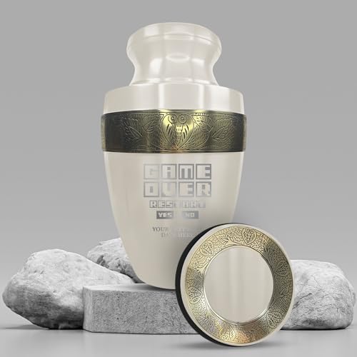 Personalized Gaming Urn with Custom Name and Date 200 Lbs Capacity Gold Rim Design White Color Game Over 3