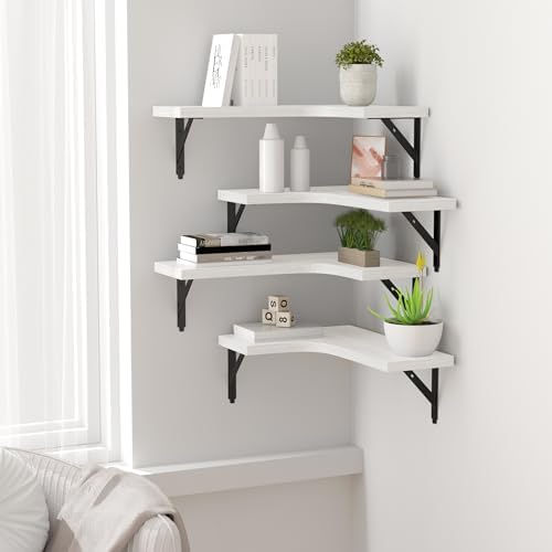 Corner Floating Shelves Set of 4 White Rustic Wood Storage Display Wall Shelves