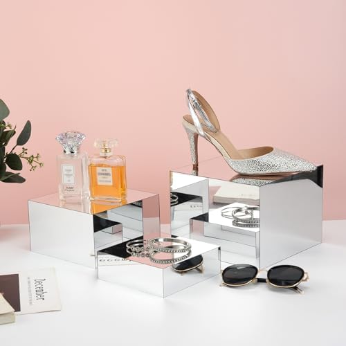 6pcs Silver Mirror Display Riser Stand for Home and Kitchen Use