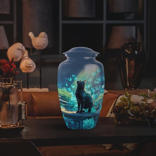 Yatskia 10 Inch Blue Butterfly Cat Cremation Urn for Adult Ashes
