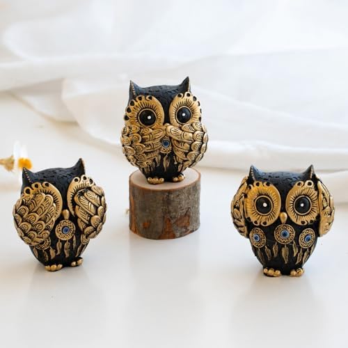 Set of 3 See No Evil Owl Figurines Vintage Black and Gold Design