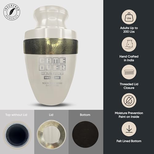 Personalized Gaming Urn with Custom Name and Date 200 Lbs Capacity Gold Rim Design White Color Game Over 3