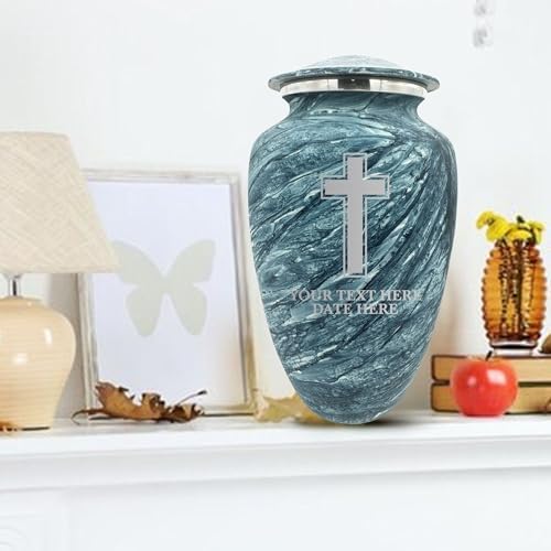 Custom Large Cremation Urn with Name and Memorial Cross - 200 Cubic Inch Blue Urn