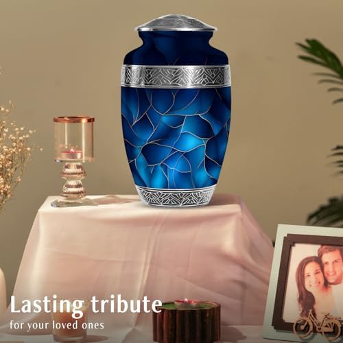 Blue Urn for Human Ashes - Extra Large Cremation Urn with Velvet Bag