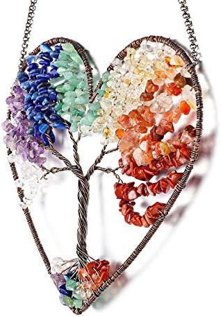JOVIVI Double Heart Tree of Life Hanging Ornament with 7 Chakra Healing Crystals