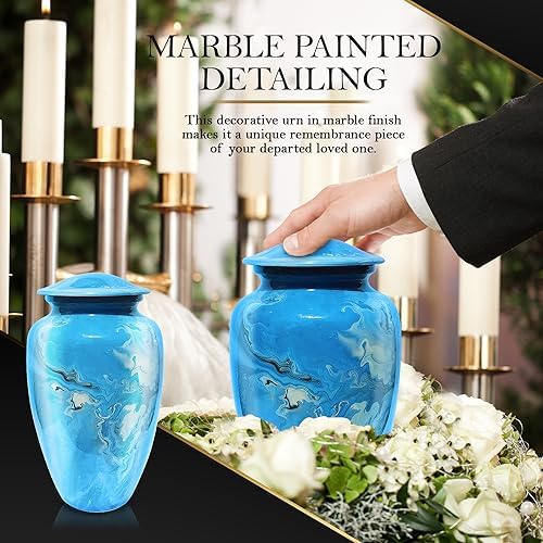 Cremation Urn for Human Ashes - Decorative Blue Marble Aluminum Urn with Velvet Bag