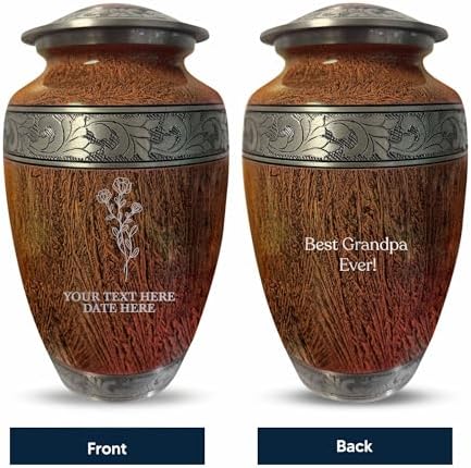 Personalized Cremation Urn for Ashes - Distressed Silver Inlay 200 Cubic Inch Floral Design Memorial Urn for Men Women