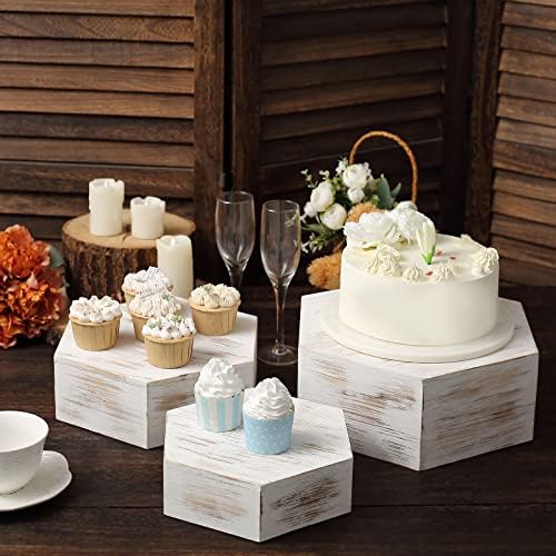 Tableclothsfactory Set of 3 Whitewashed Hexagonal Wooden Dessert Holder Display Boxes Stackable Riser Cake Stand