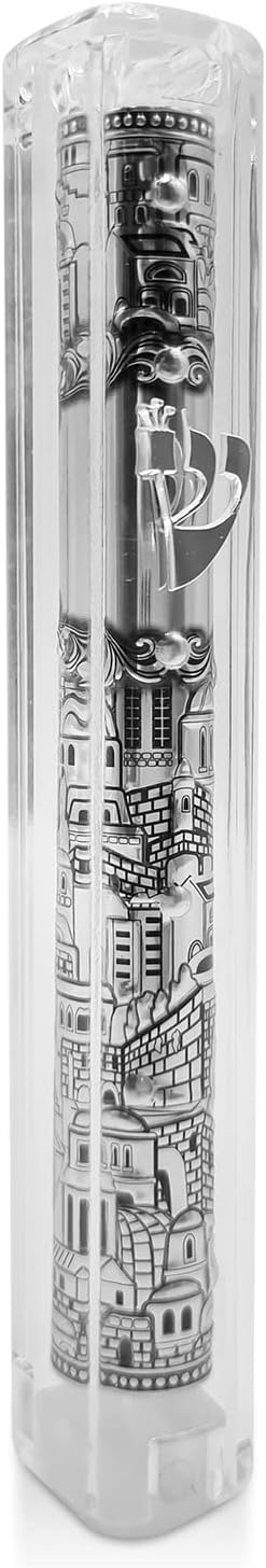 Jerusalem Clear Mezuzah Case with Scroll Silver Ornament