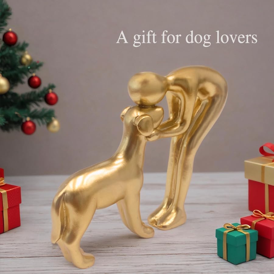 Human and Dog Statue Home Decor Figurine Gold