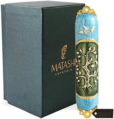 Hand Painted Enamel Mezuzah with Tree of Life Design and Gold Accents