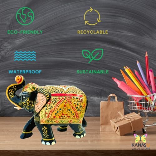 Handcrafted Wooden Elephant Statue with Gold and Gemstone Accents