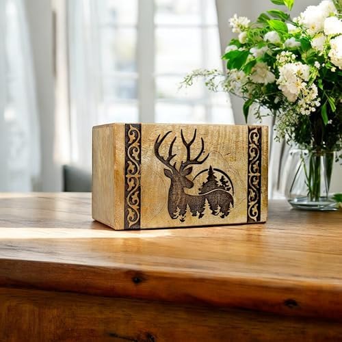 Handcrafted Wooden Cremation Urn with Deer Engraving