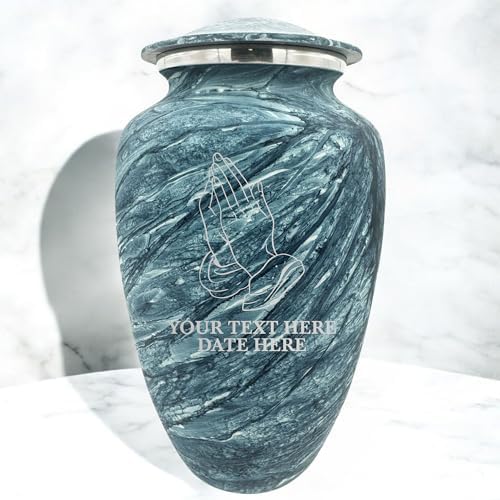 Custom Large Adult Cremation Urn with Name and Praying Hands Design - 200 Cubic Inch Blue Urn