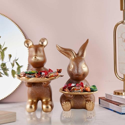 SILKBYTE Set of Two Golden Resin Rabbit Statues