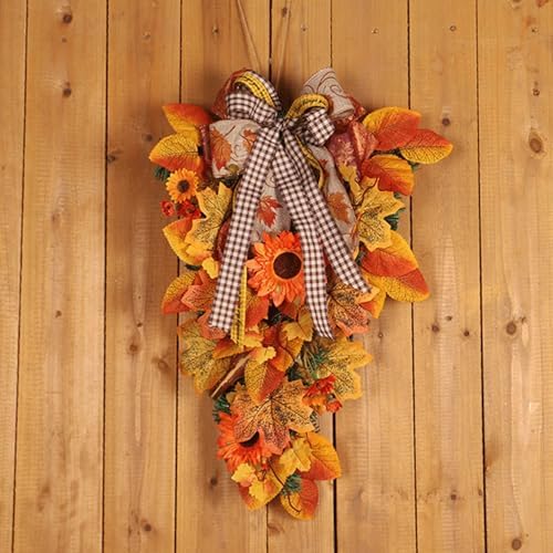 Artificial Fall Teardrop Wreath with Sunflowers and Bows