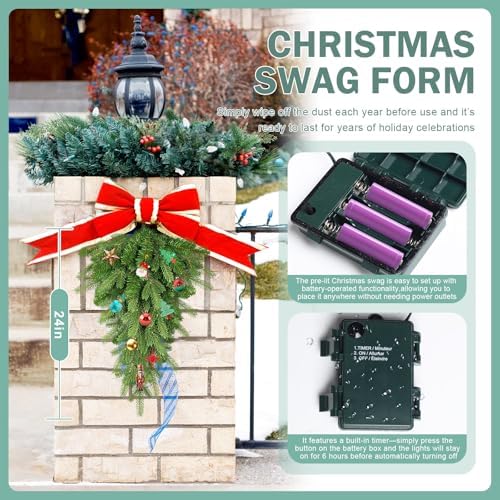 Pre Lit Artificial Christmas Teardrop Swag with 30 LED - 24 in Pine Greenery Staircase Decor