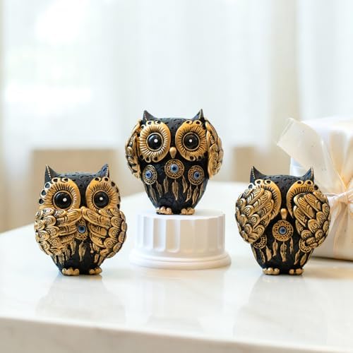 Set of 3 See No Evil Owl Figurines Vintage Black and Gold Design