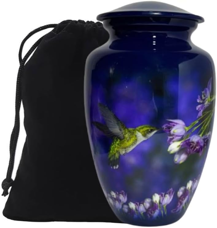 Beautiful Cremation Urns for Adult Human Ashes - Handcrafted Decorative Urn with Hummingbird Design - Blue - Large