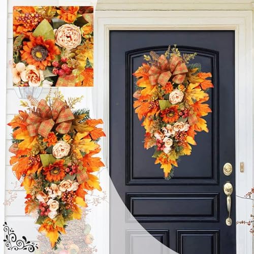 Artificial Fall Teardrop Swag Wreath for Front Door